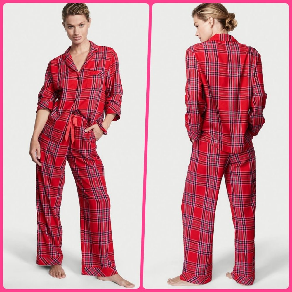 Victoria's Secret Red Lurex Plaid Long Sleeves Flannel Two-Piece Pajama Set
